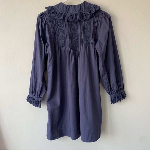 Doen Nerona Cotton Eyelet Ruffle Collar Long Sleeve Dress Atlantic Blue - Picture 9 of 12
